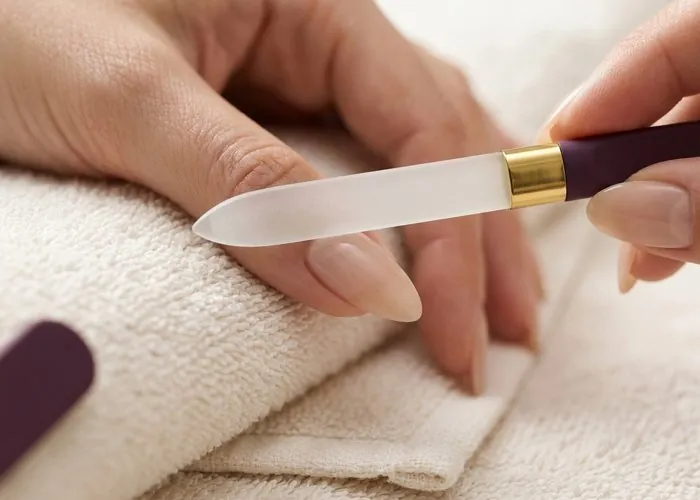 Close-up of an elegant almond-shaped natural nail being filed with a glass nail file