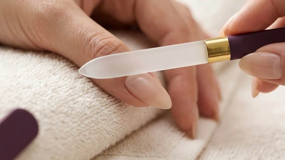 Close-up of an elegant almond-shaped natural nail being filed with a glass nail file
