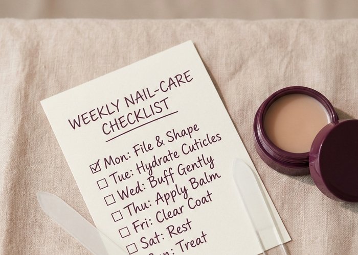 Neatly arranged beginner nail care tools including a file, cuticle stick, and oil on a linen surface