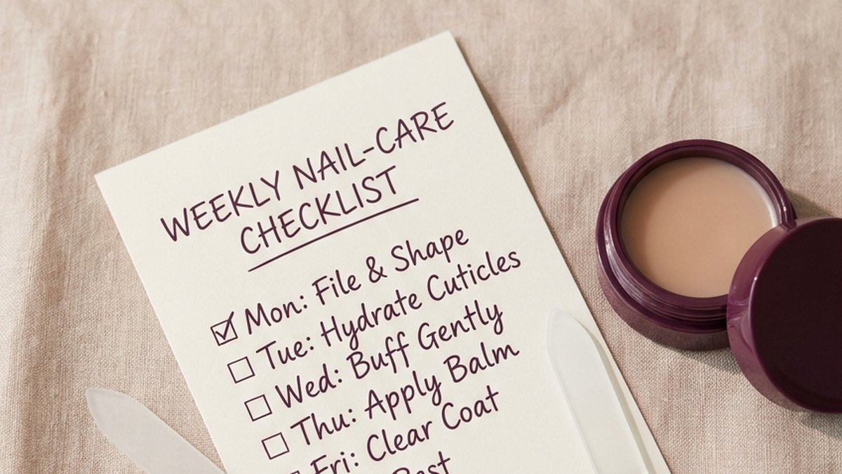 Neatly arranged beginner nail care tools including a file, cuticle stick, and oil on a linen surface
