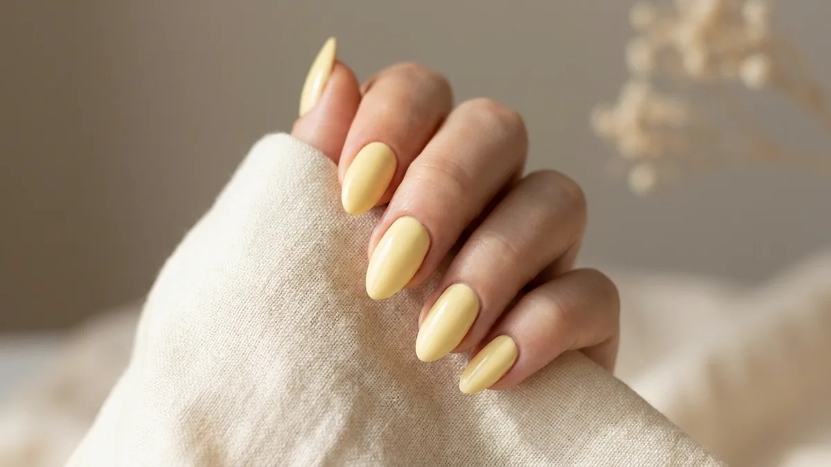 Close-up of almond nails painted in a soft pastel butter yellow polish