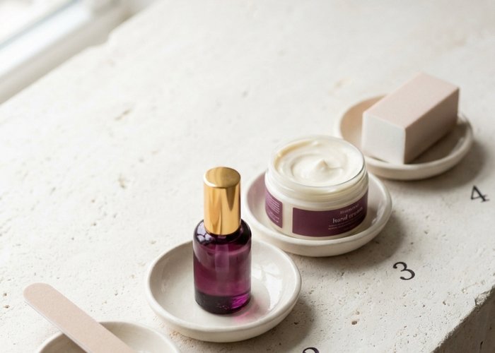 Nail care tools laid out in sequence — file, cuticle stick, oil, and polish — showing correct routine order