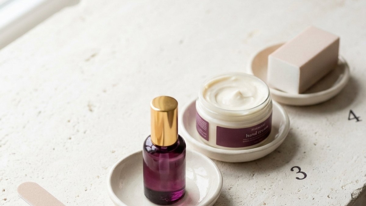 Nail care tools laid out in sequence — file, cuticle stick, oil, and polish — showing correct routine order