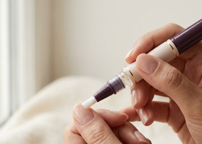 Close-up of a cuticle oil pen being applied to a neat, healthy nail bed