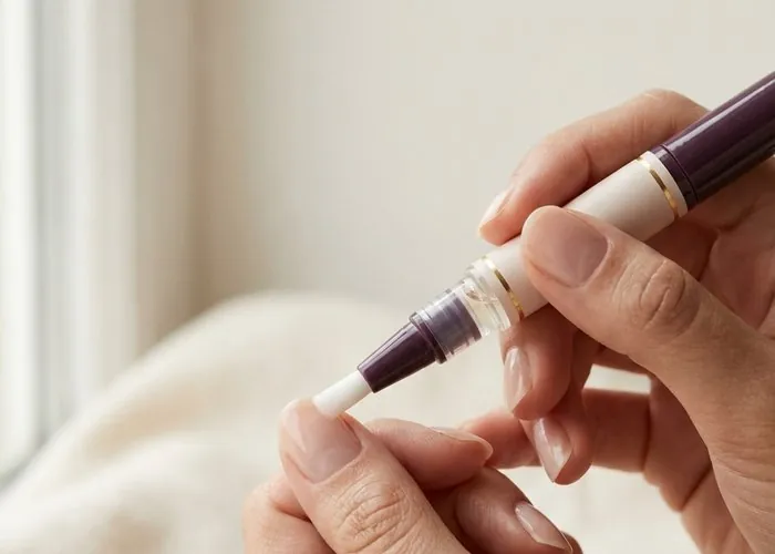 Close-up of a cuticle oil pen being applied to a neat, healthy nail bed