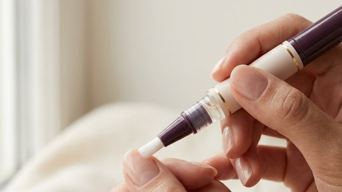 Close-up of a cuticle oil pen being applied to a neat, healthy nail bed