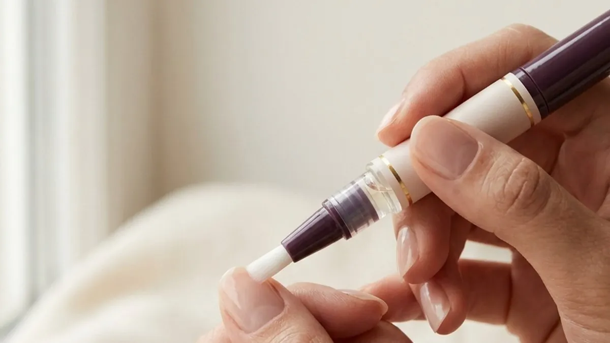 Close-up of a cuticle oil pen being applied to a neat, healthy nail bed