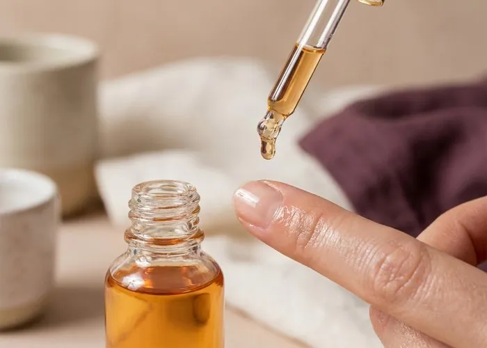 A drop of cuticle oil falling onto a fingertip from a glass dropper bottle