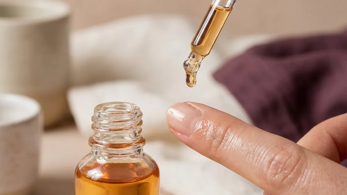 A drop of cuticle oil falling onto a fingertip from a glass dropper bottle