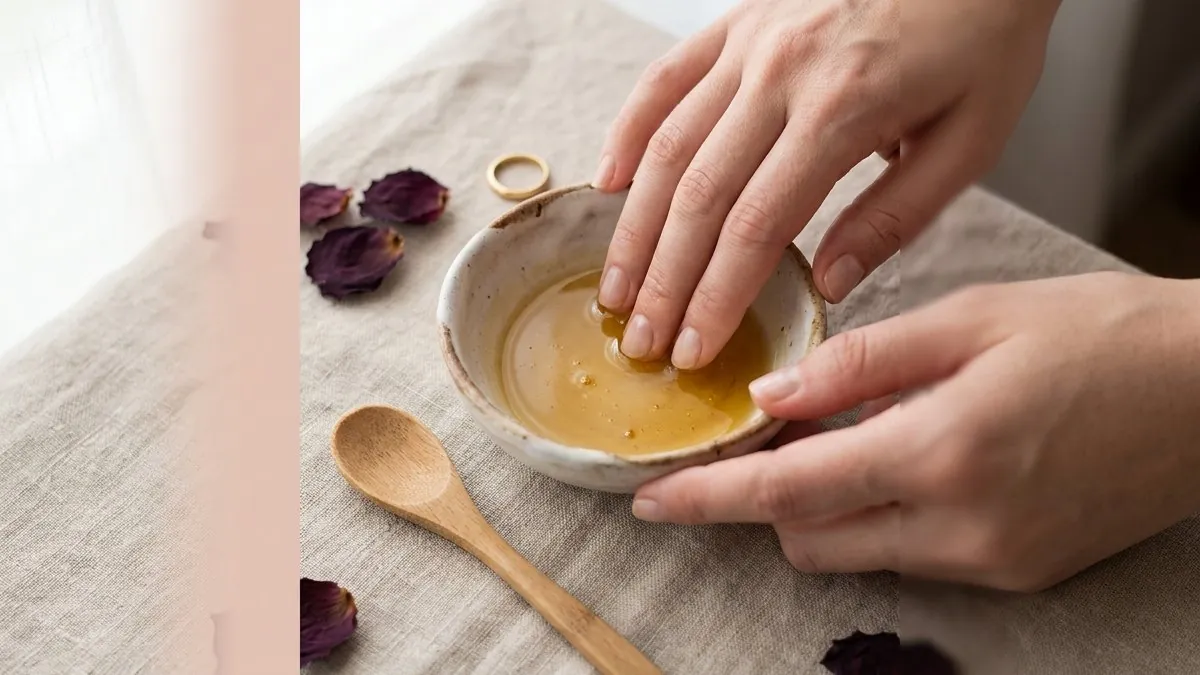 Fingertips soaking in a homemade honey and olive oil nail mask in a small ceramic bowl