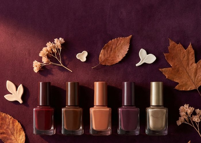 Five nail polish bottles in warm autumn shades on a deep plum velvet surface with dried leaves