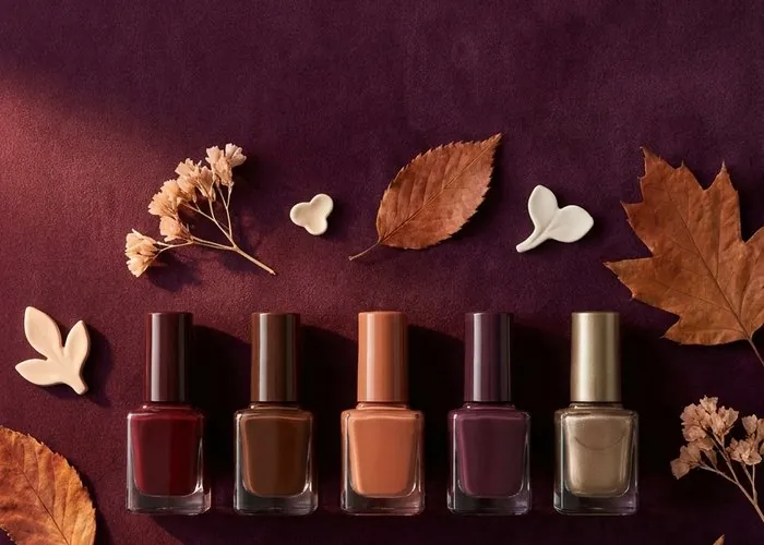 Five nail polish bottles in warm autumn shades on a deep plum velvet surface with dried leaves
