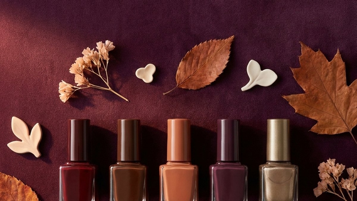 Five nail polish bottles in warm autumn shades on a deep plum velvet surface with dried leaves