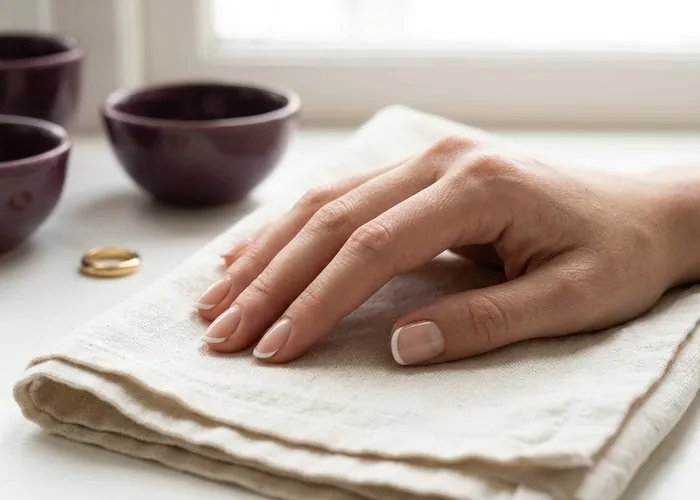 Hand with a modern minimalist French manicure resting on a folded cream towel