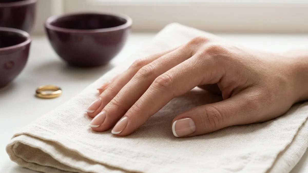 Hand with a modern minimalist French manicure resting on a folded cream towel