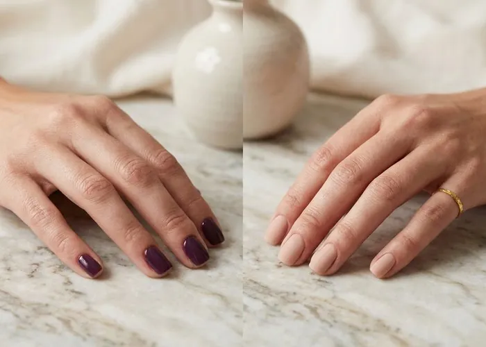 Two hands side by side showing a glossy gel manicure and a matte dip powder manicure