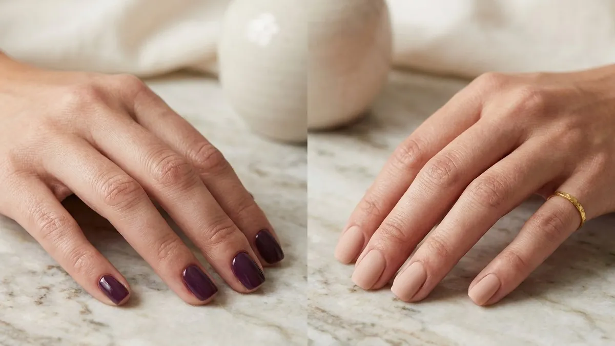 Two hands side by side showing a glossy gel manicure and a matte dip powder manicure
