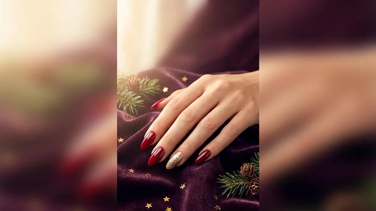 Close-up of almond nails in deep red polish with one gold glitter accent nail on dark plum velvet with gold confetti
