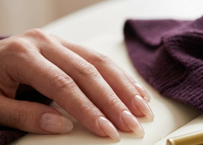 Close-up of long natural almond nails with a glossy finish resting on an open notebook