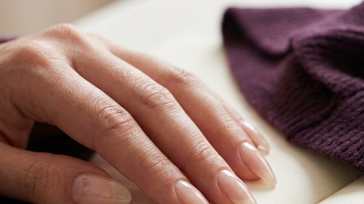 Close-up of long natural almond nails with a glossy finish resting on an open notebook