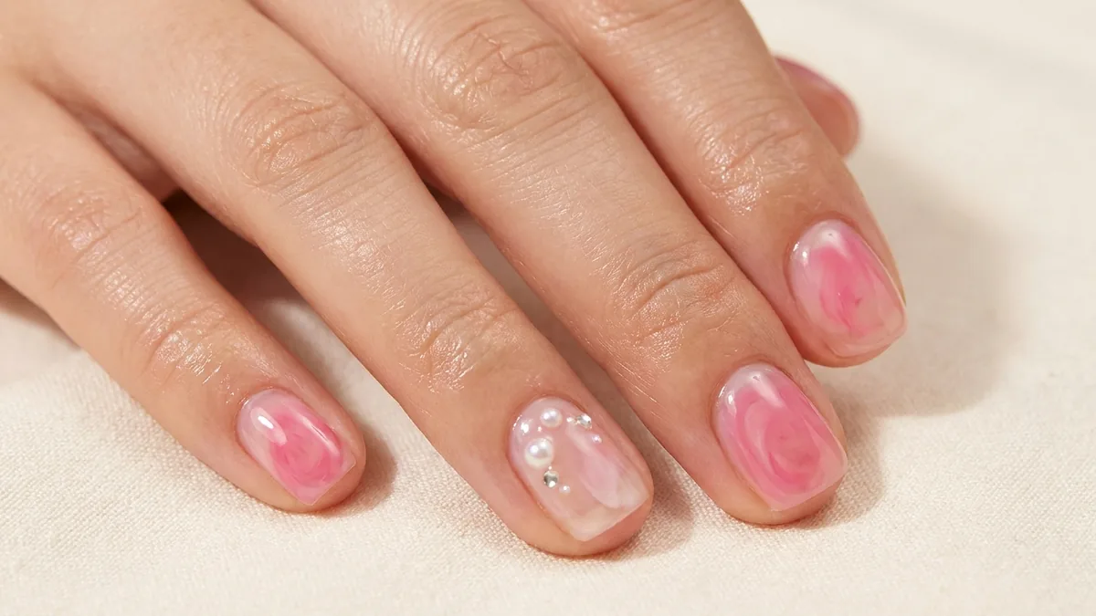 Close-up of translucent jelly-textured pink nail polish with tiny 3D pearl accents
