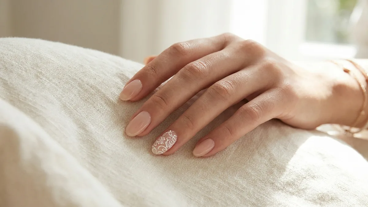 Close-up of oval nails with delicate white lace-pattern nail art over a sheer nude base