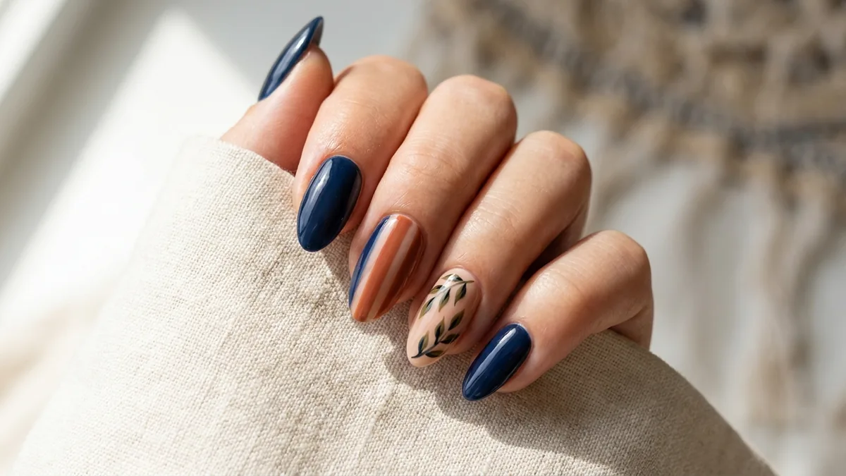 Close-up of almond nails with navy blue, terracotta and hand-painted olive branch nail art