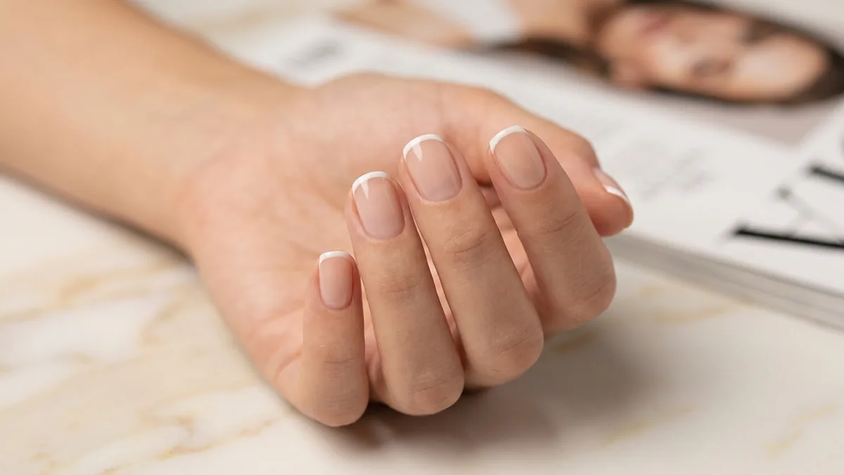 Close-up of natural nails with an ultra-thin hairline white micro French manicure tip