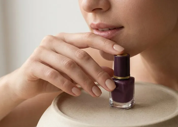 Hand with neatly manicured short nails resting near the chin, free of biting damage