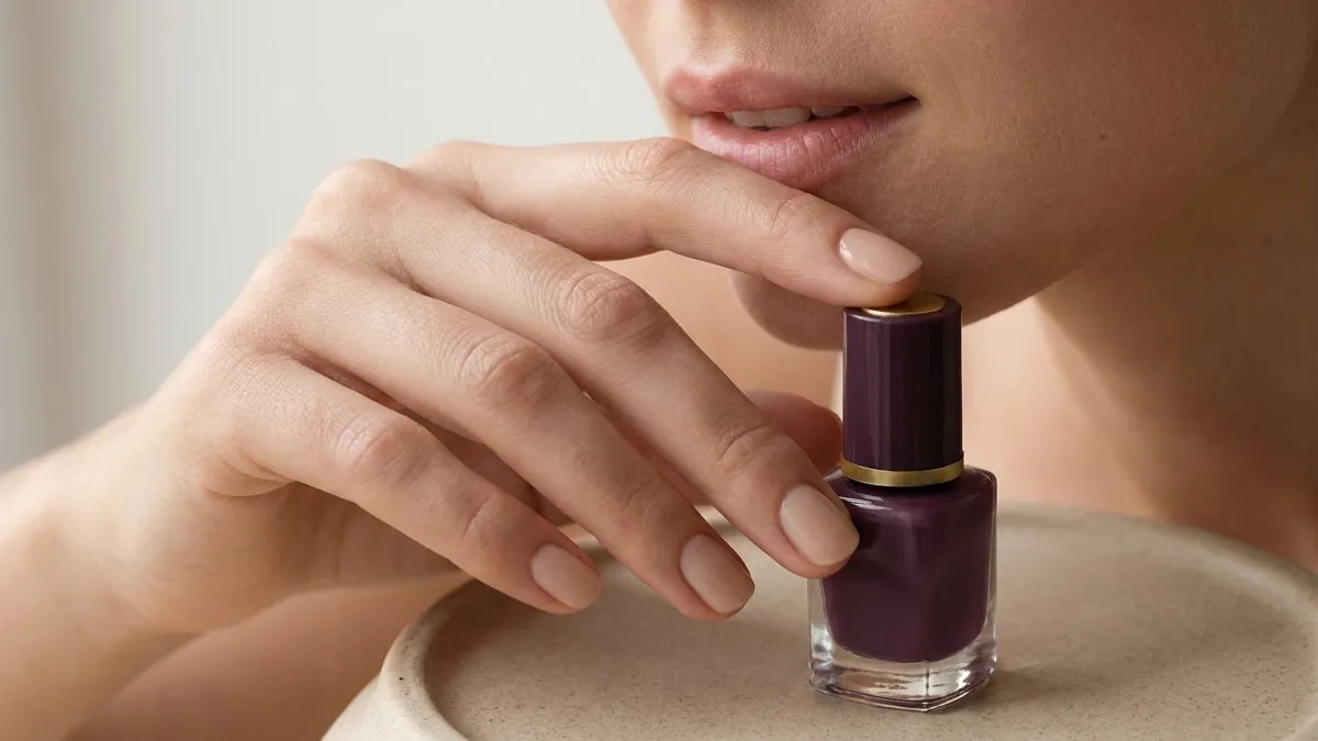 Hand with neatly manicured short nails resting near the chin, free of biting damage