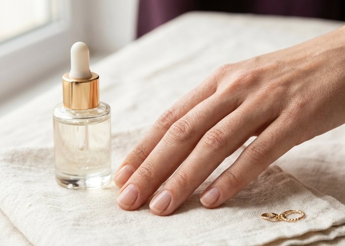 Close-up of well-groomed short natural nails on a cream linen towel next to a cuticle oil dropper