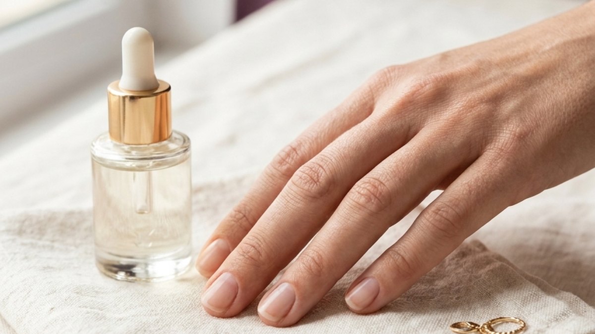 Close-up of well-groomed short natural nails on a cream linen towel next to a cuticle oil dropper