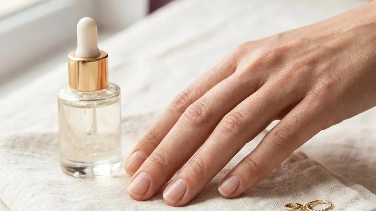 Close-up of well-groomed short natural nails on a cream linen towel next to a cuticle oil dropper