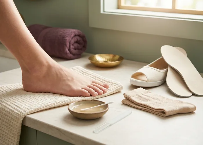 A bare foot resting on a towel beside a diluted tea tree oil dish, glass file, and folded breathable socks with shoes and insoles nearby