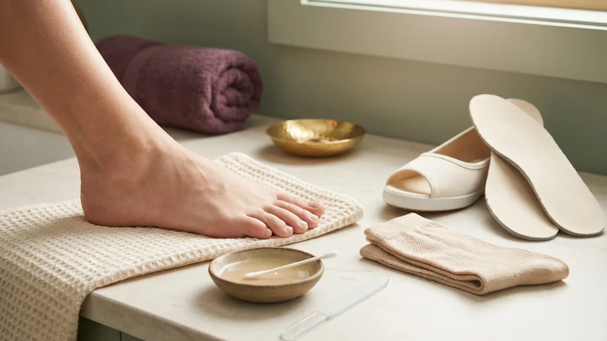 A bare foot resting on a towel beside a diluted tea tree oil dish, glass file, and folded breathable socks with shoes and insoles nearby