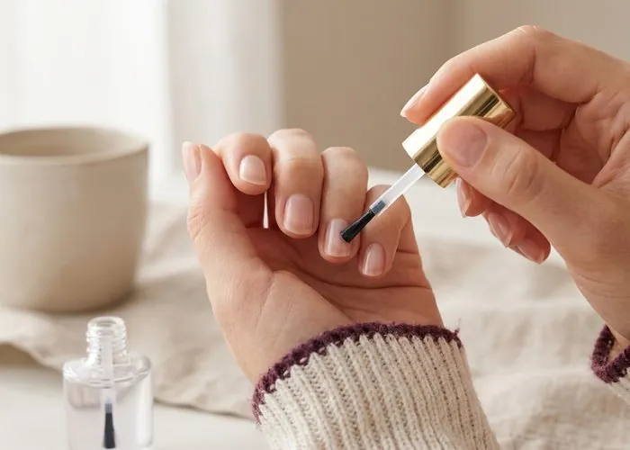 Hand applying a clear nail strengthening treatment with a small brush from a glass bottle
