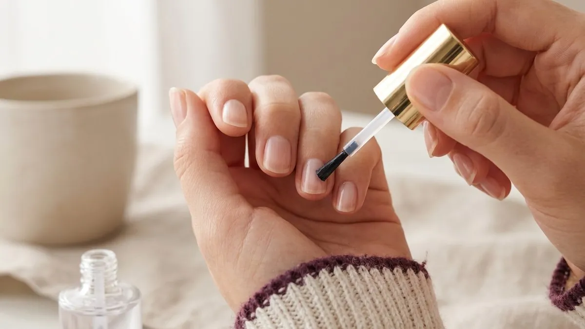 Hand applying a clear nail strengthening treatment with a small brush from a glass bottle