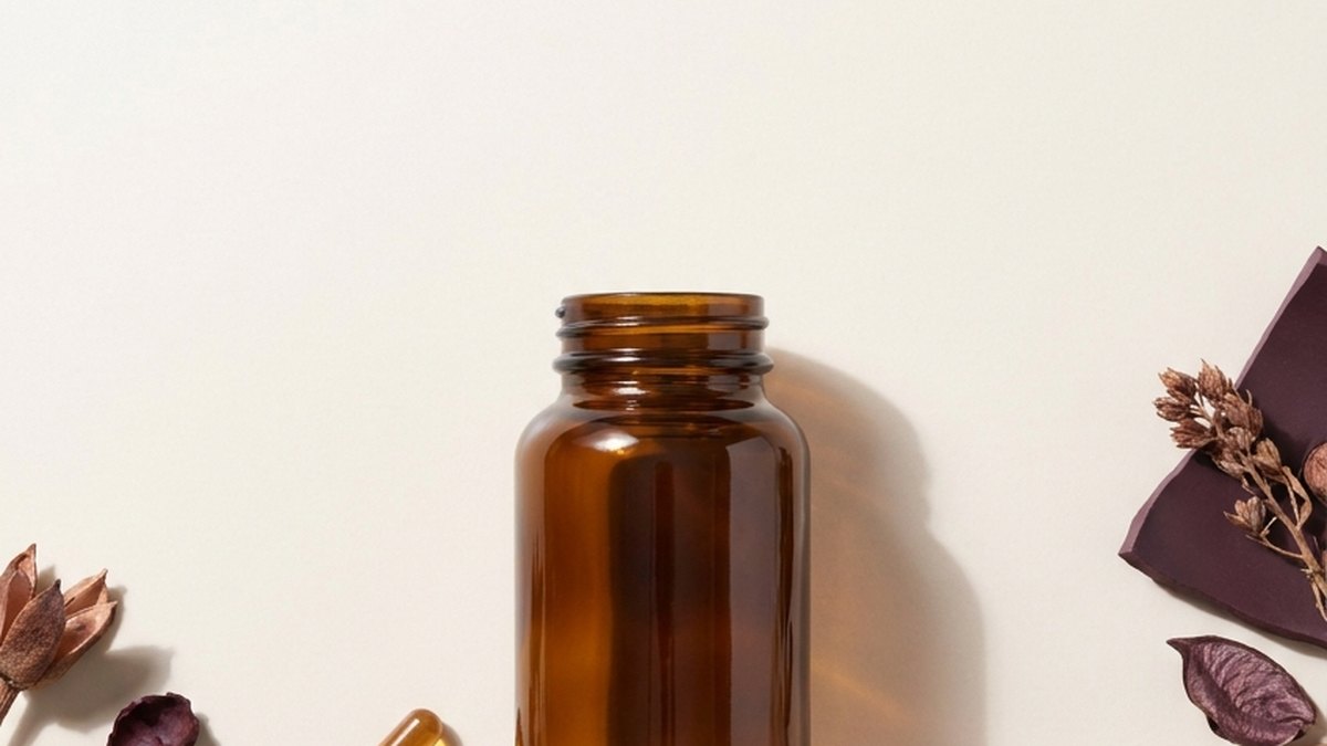 A single amber supplement bottle with two capsules resting beside it on smooth cream stone