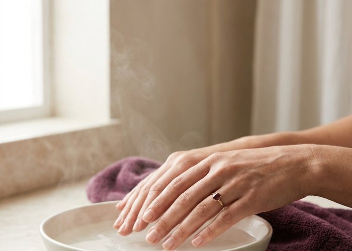Hands performing an at-home manicure with a nail file and towel, no salon tools in sight