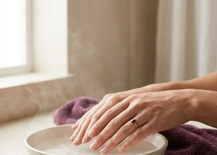 Hands performing an at-home manicure with a nail file and towel, no salon tools in sight