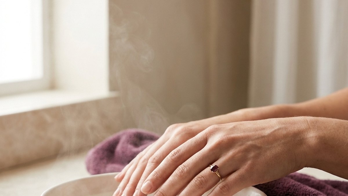 Hands performing an at-home manicure with a nail file and towel, no salon tools in sight