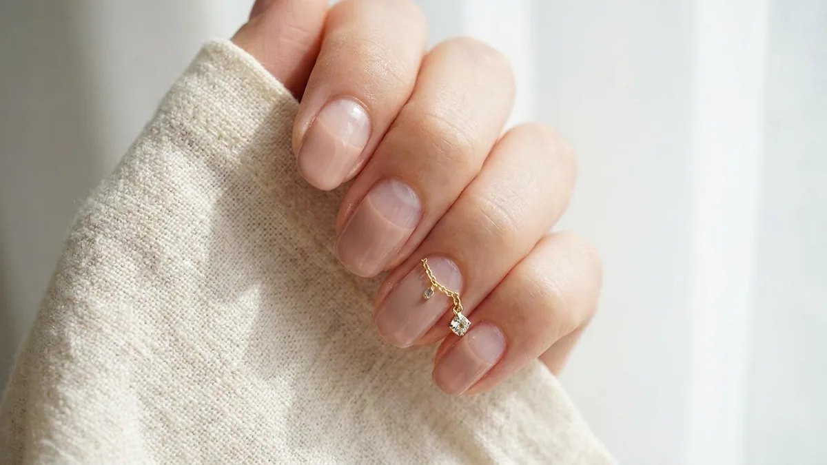 Close-up of negative-space nail art with clear polished sections and a tiny gold charm