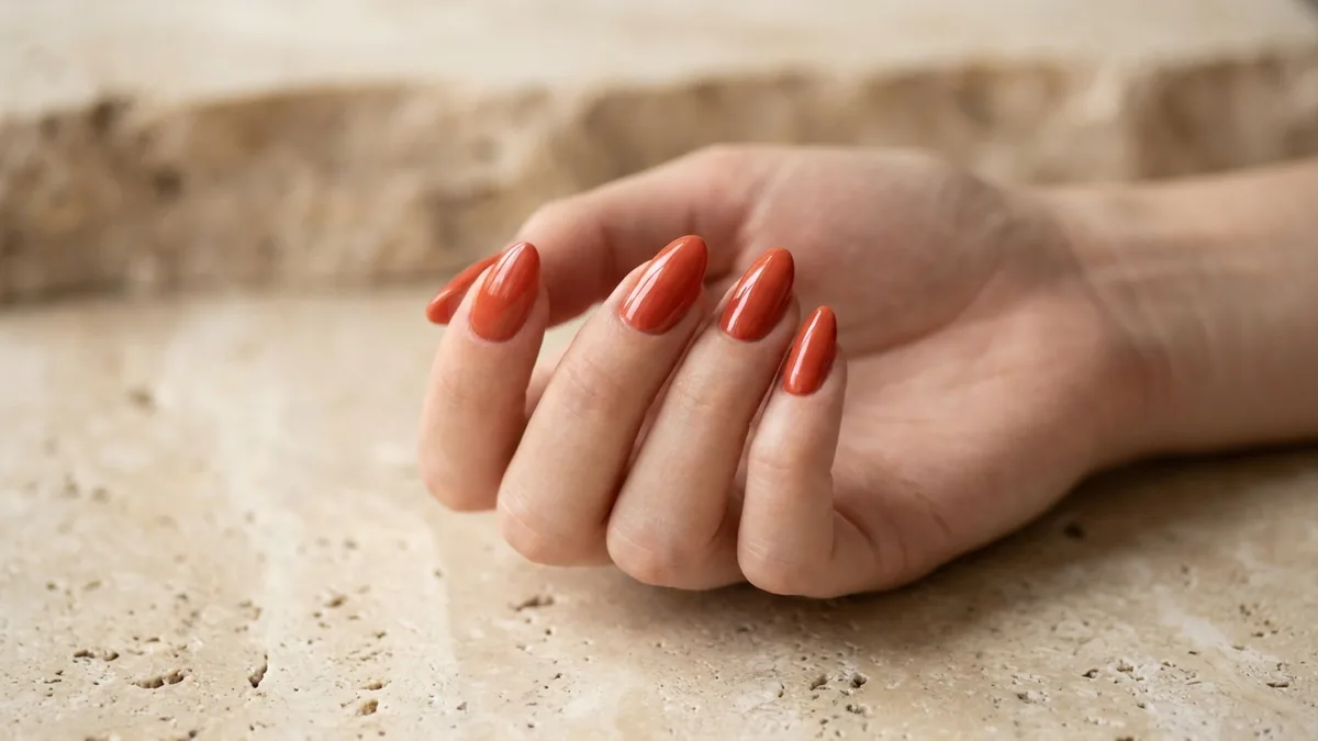 Close-up of almond nails painted in a warm persimmon orange-red polish