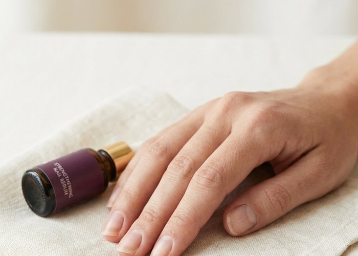 Bare, freshly recovering natural nails after gel polish removal, being treated with strengthening oil