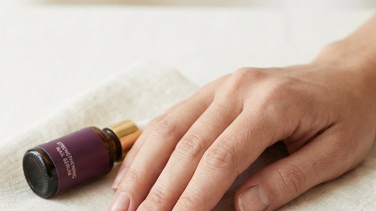 Bare, freshly recovering natural nails after gel polish removal, being treated with strengthening oil