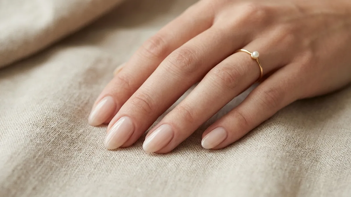 Close-up of oval nails in a soft milky nude polish, understated and refined