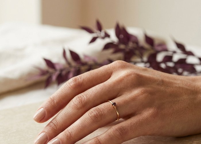 Hand with short glossy neutral-polish nails resting on a smooth beige stone surface