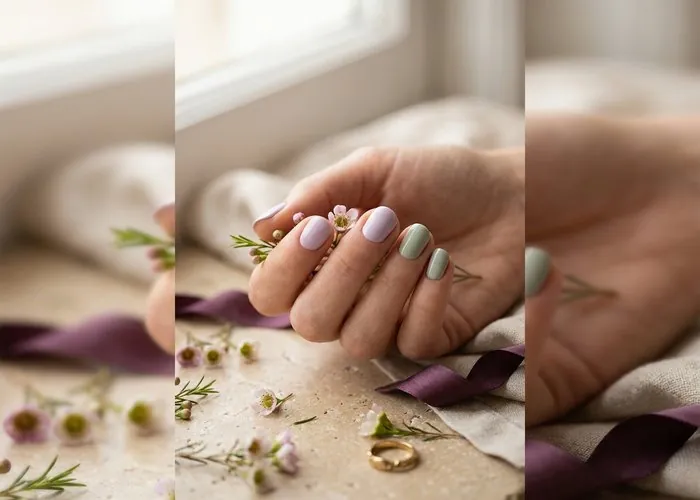 Hand with soft pastel lilac and sage green nail polish among small spring flowers