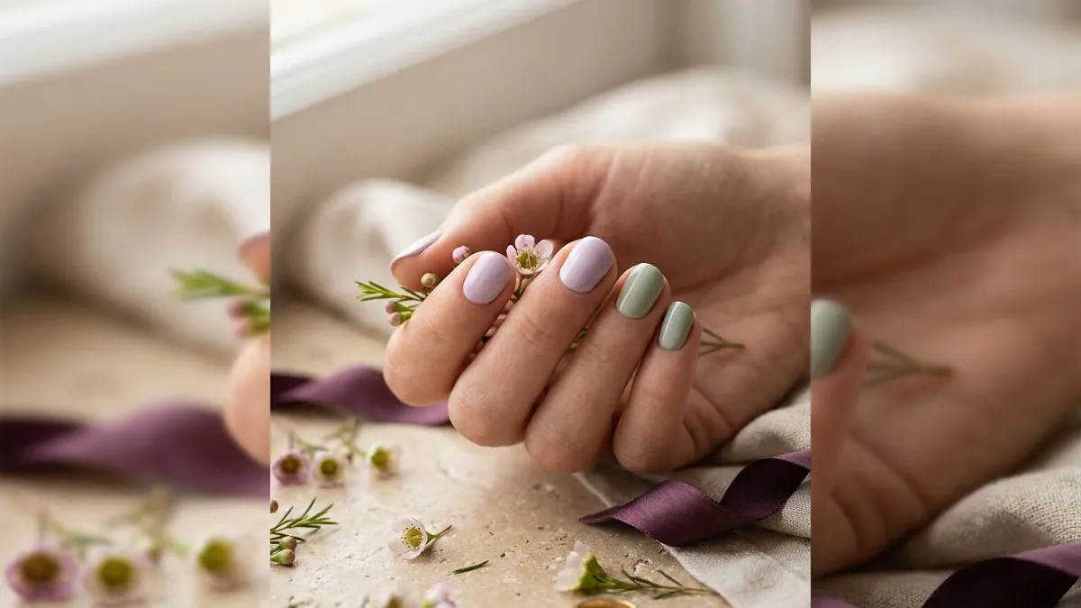 Hand with soft pastel lilac and sage green nail polish among small spring flowers