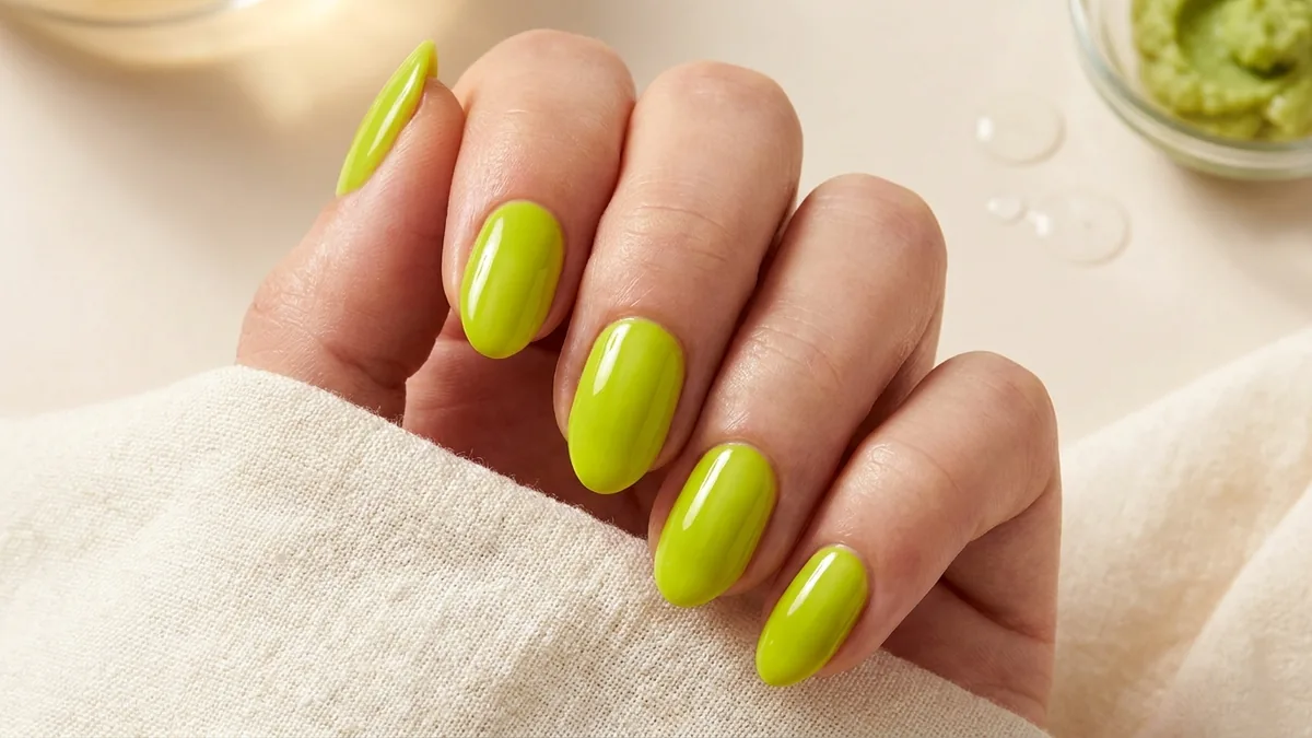 Close-up of short almond nails painted in a bold electric chartreuse wasabi-green polish